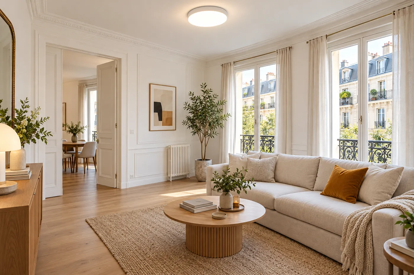 Salon d'un appartement avec un plafonnier LED posé et allumé