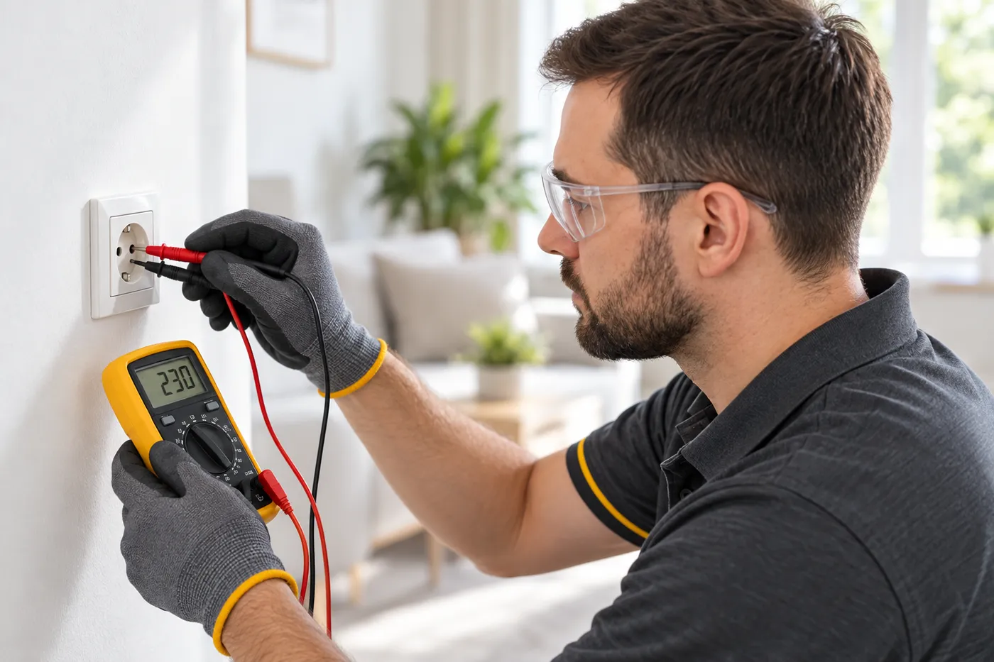 Électricien contrôlant une prise murale au multimètre lors d'une recherche de panne au Kremlin-Bicêtre