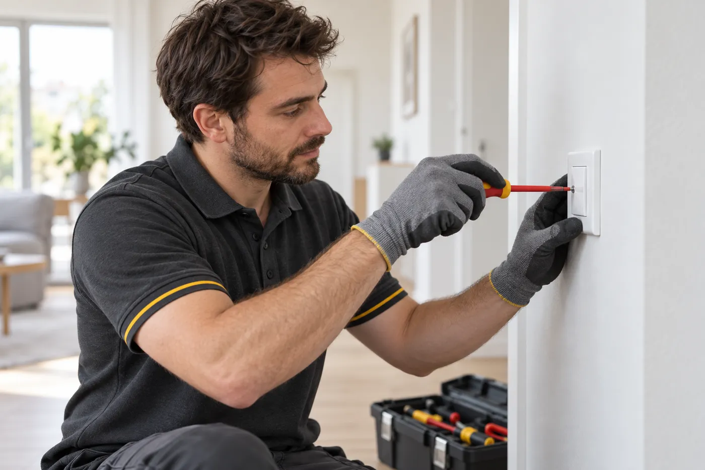 Électricien fixant un interrupteur mural neuf avec un tournevis isolé